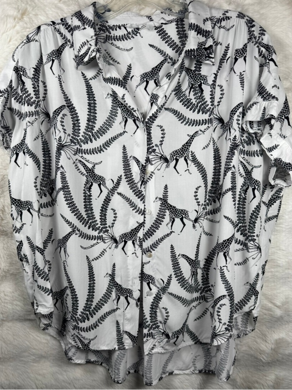 Jane and Delancey White Button-Down Shirt with Black Giraffe & Fern Print